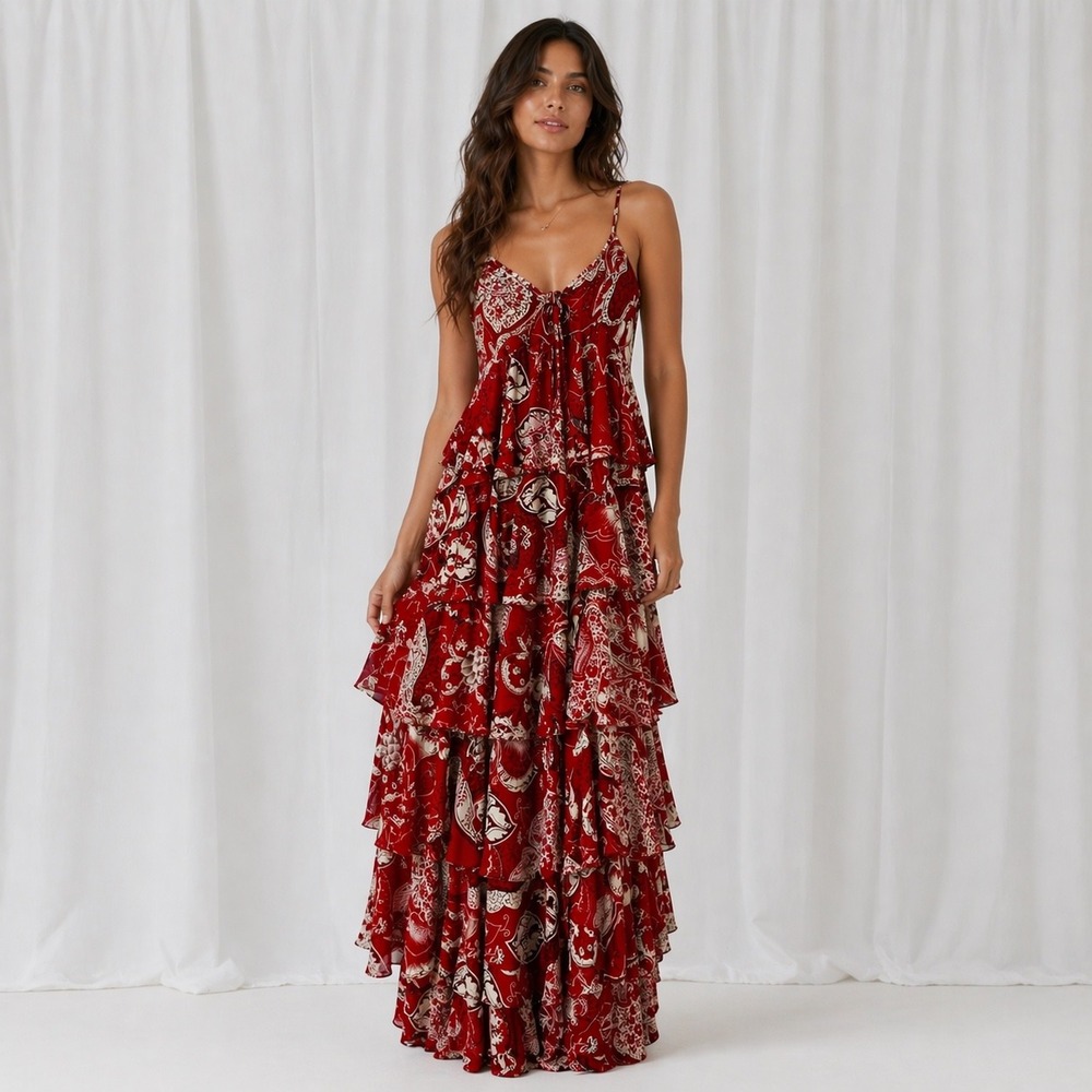 Michael Kors Collection Spring 2006 Silk Tiered Ruffle Maxi Dress Red Print NWT